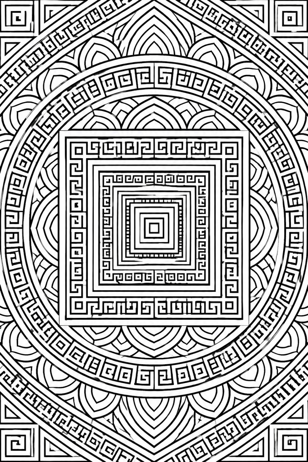 A black and white geometric mandala with nested squares inside concentric circles filled with Greek key patterns.