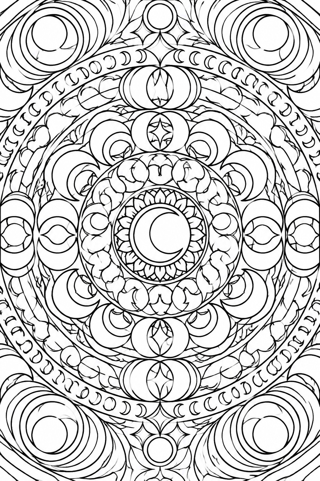 Intricate black-and-white mandala with concentric crescents, moons, and floral patterns.