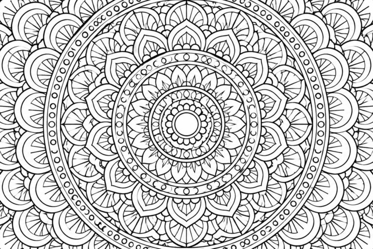 20 Geometric Mandala Coloring Pages Built Around Repeating Shapes A black and white mandala coloring page featuring concentric rings of repeating petals, leaves, and dotted borders.