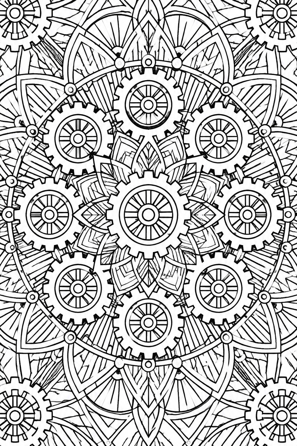 Black and white mandala coloring page made of interlocking gears and circles arranged in a symmetrical radial pattern.