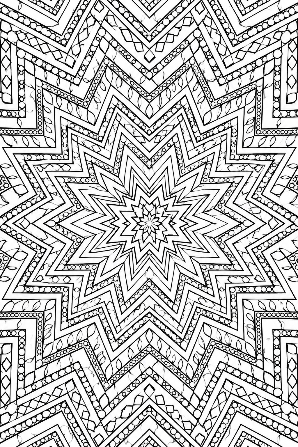 A black and white geometric mandala coloring page with a central multi-pointed star, surrounded by repeating chevron borders, dots, and leaf patterns in radial symmetry.