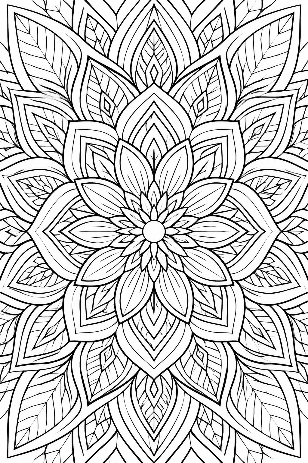 A black and white mandala coloring page with layered petals and leaves in a symmetrical circular pattern.