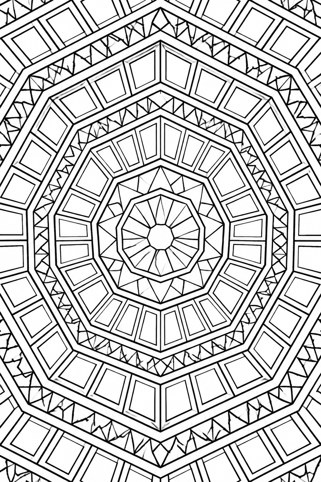 Intricate black-and-white mandala with concentric geometric layers and radial patterns.