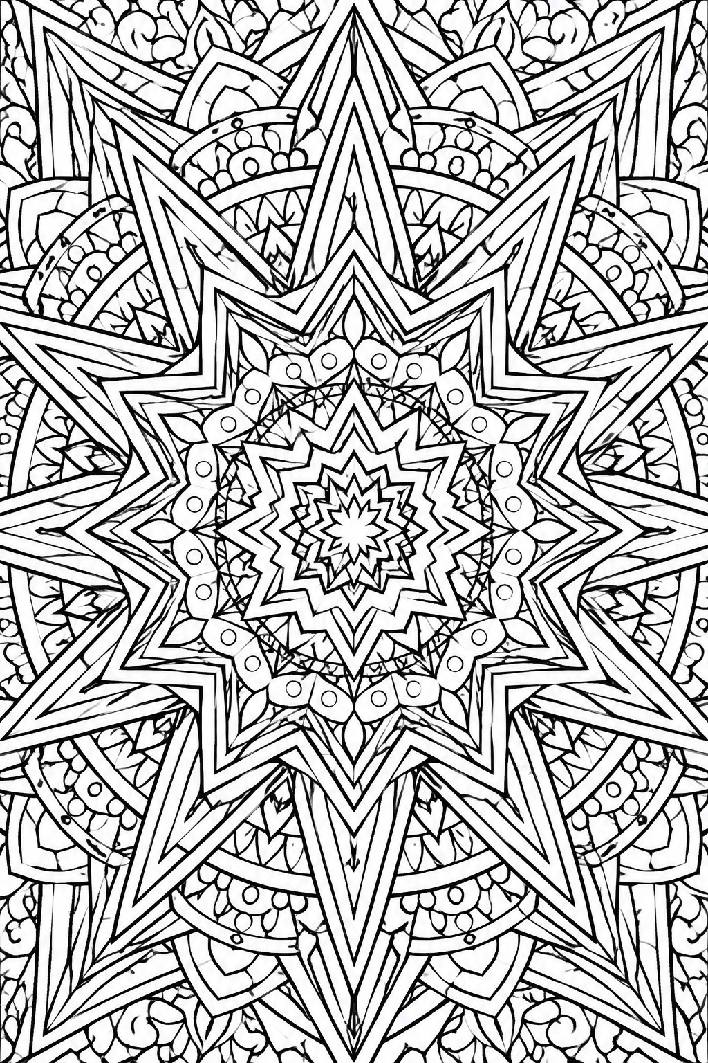 Intricate black and white mandala with layered stars and floral patterns