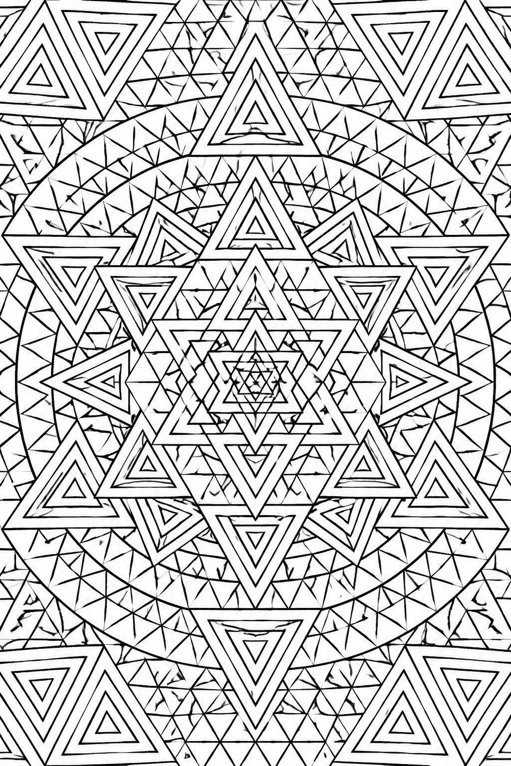 Intricate black-and-white mandala with concentric triangles and central star.