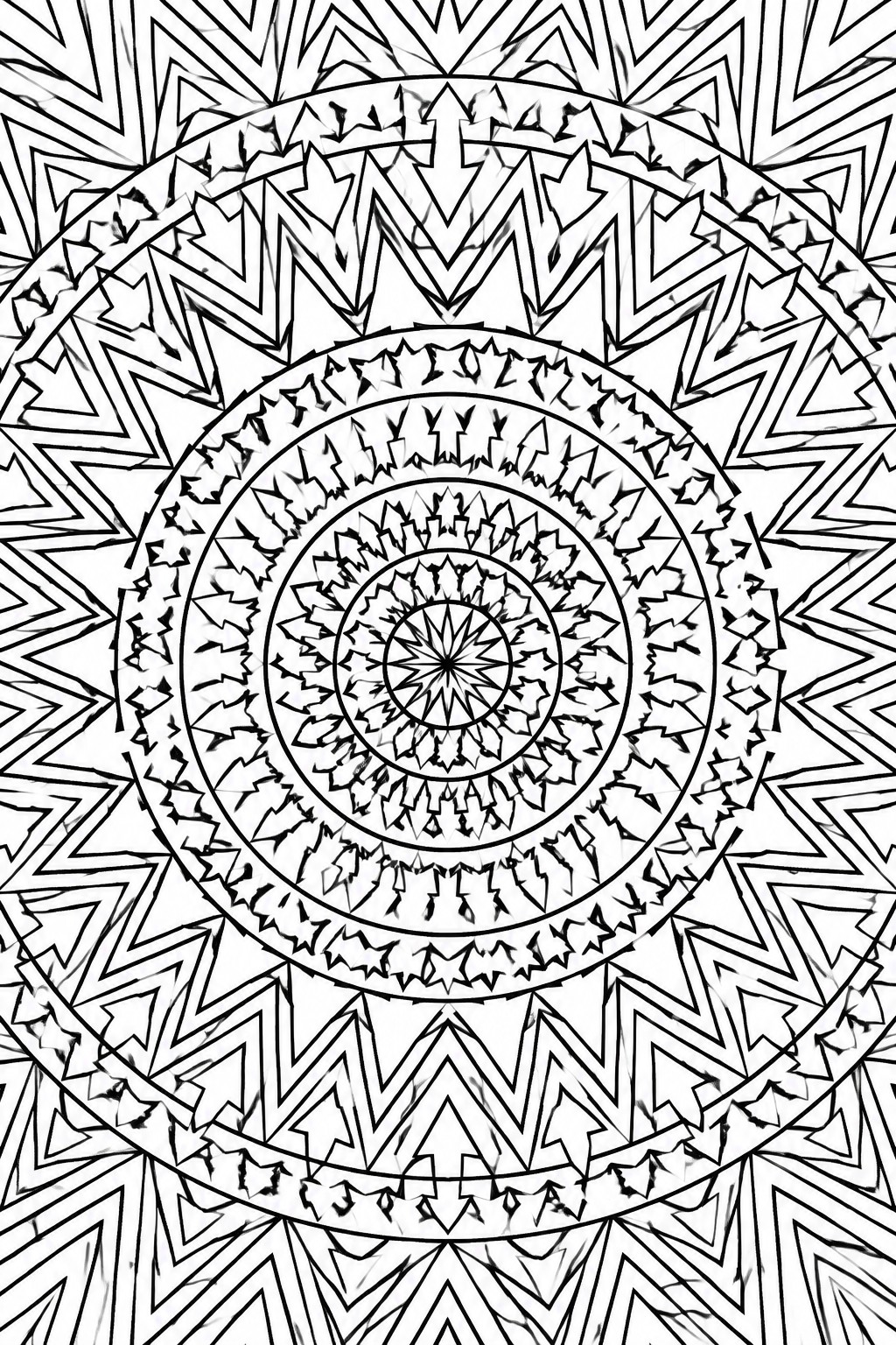 Intricate black-and-white mandala with concentric geometric and leaf-like patterns.