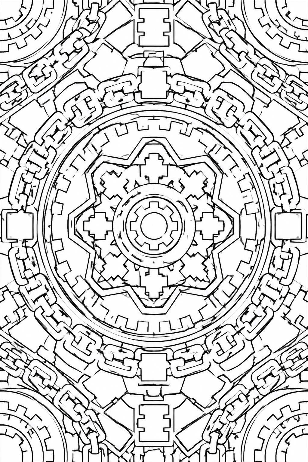 Intricate black-and-white line art of interlocking gears, chains, and mandala patterns