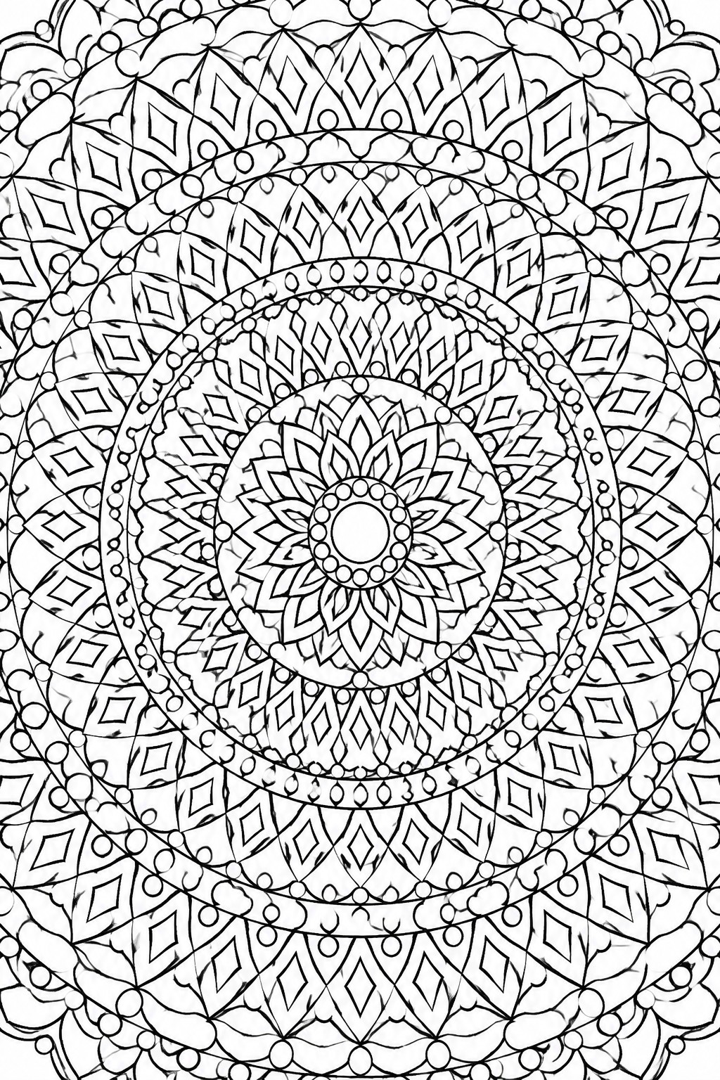 Intricate black-and-white mandala featuring layered floral and geometric patterns in concentric circles.