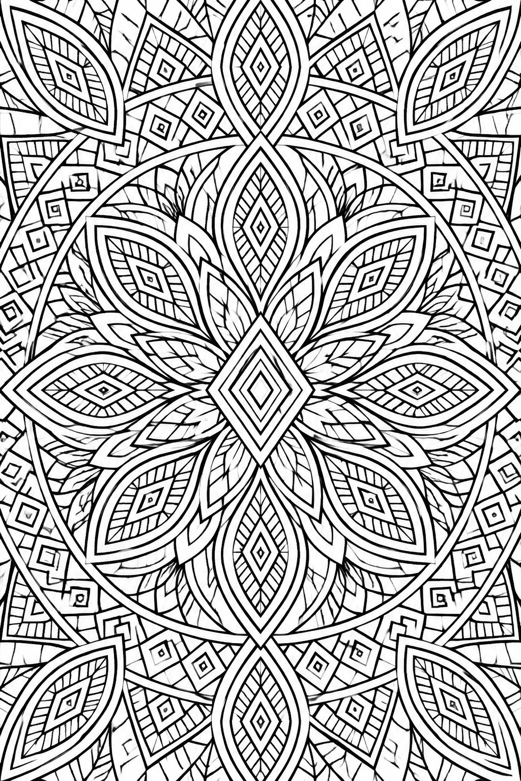 Complex black and white mandala with symmetrical floral and geometric patterns.