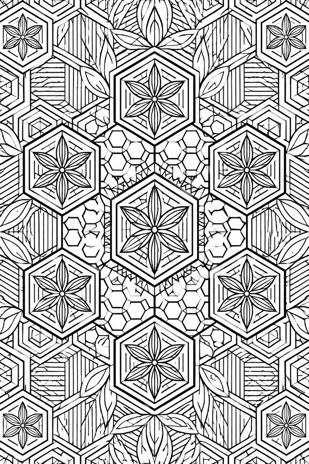 Intricate black and white geometric pattern of hexagons with star flowers and leaves