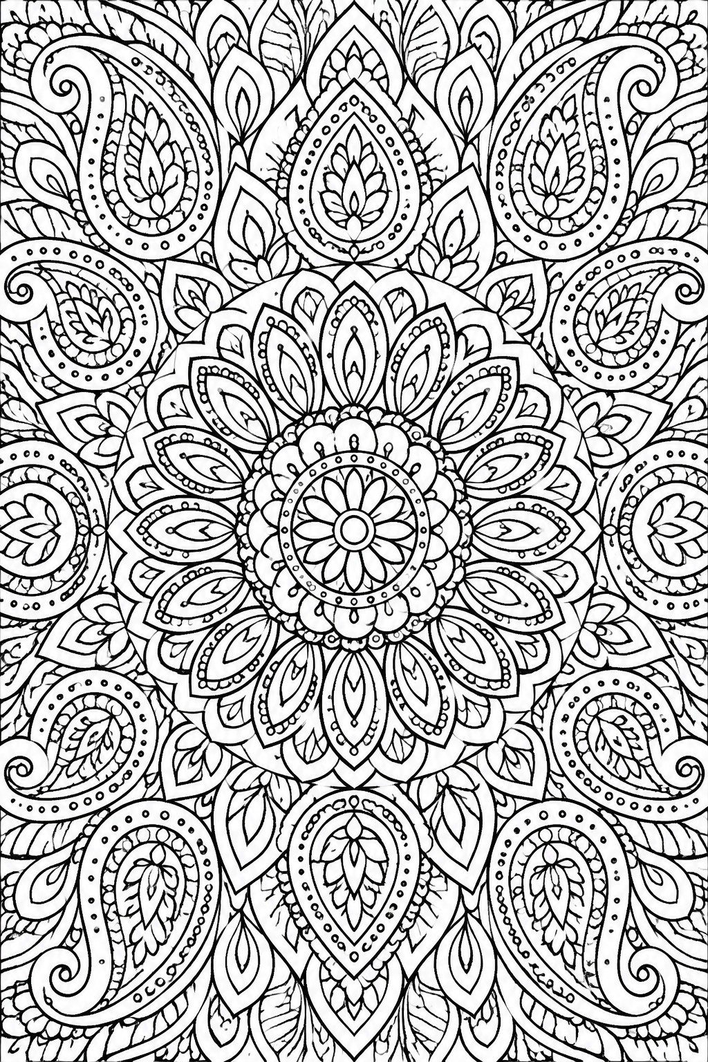 Intricate black and white mandala with paisley and floral patterns for coloring.