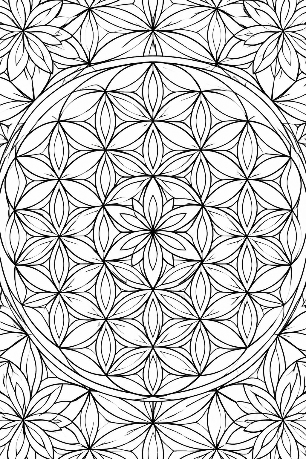 Intricate black and white mandala with overlapping floral petals and geometric circles.