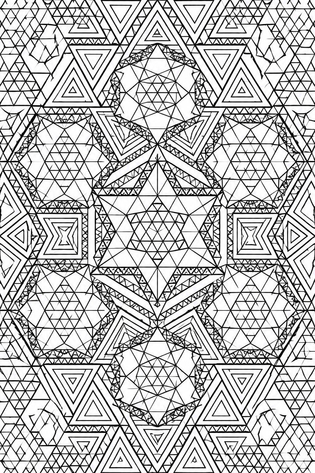 Intricate black-and-white geometric mandala of triangles, stars, and hexagons in symmetrical patterns.