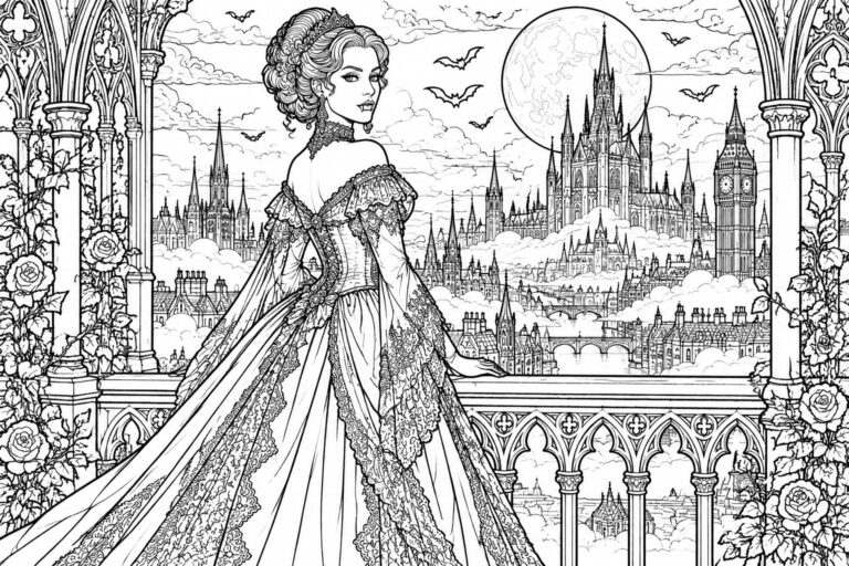 Victorian woman in ornate lace gown on balcony overlooking moonlit London with bats