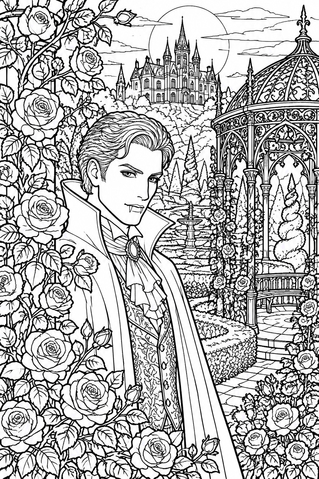 A detailed line drawing shows a vampire with fangs in Victorian clothing standing among roses, with a gazebo, garden paths, fountain, and gothic castle under a moon.