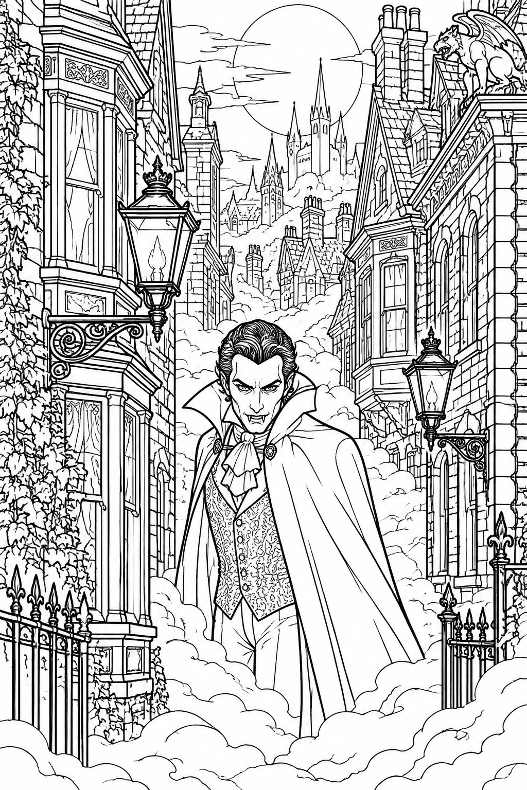 Black and white line drawing of a vampire standing in fog between Victorian buildings under a full moon with a gargoyle on a rooftop.