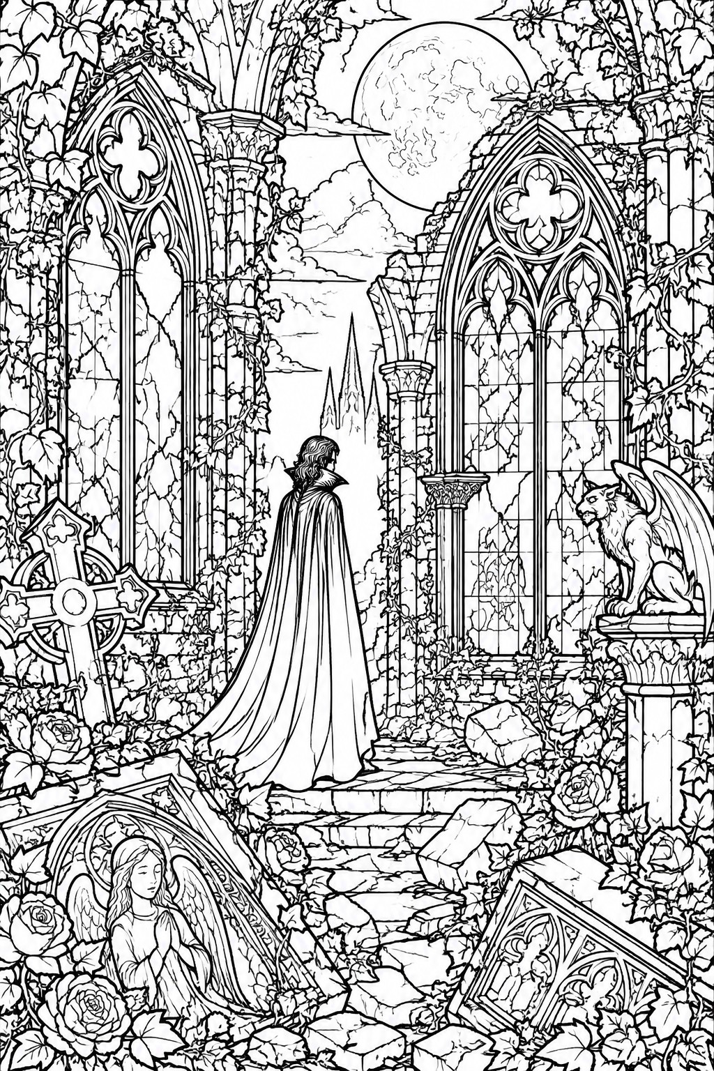 Cloaked figure amid ivy-covered gothic ruins with gargoyle and angel under full moon