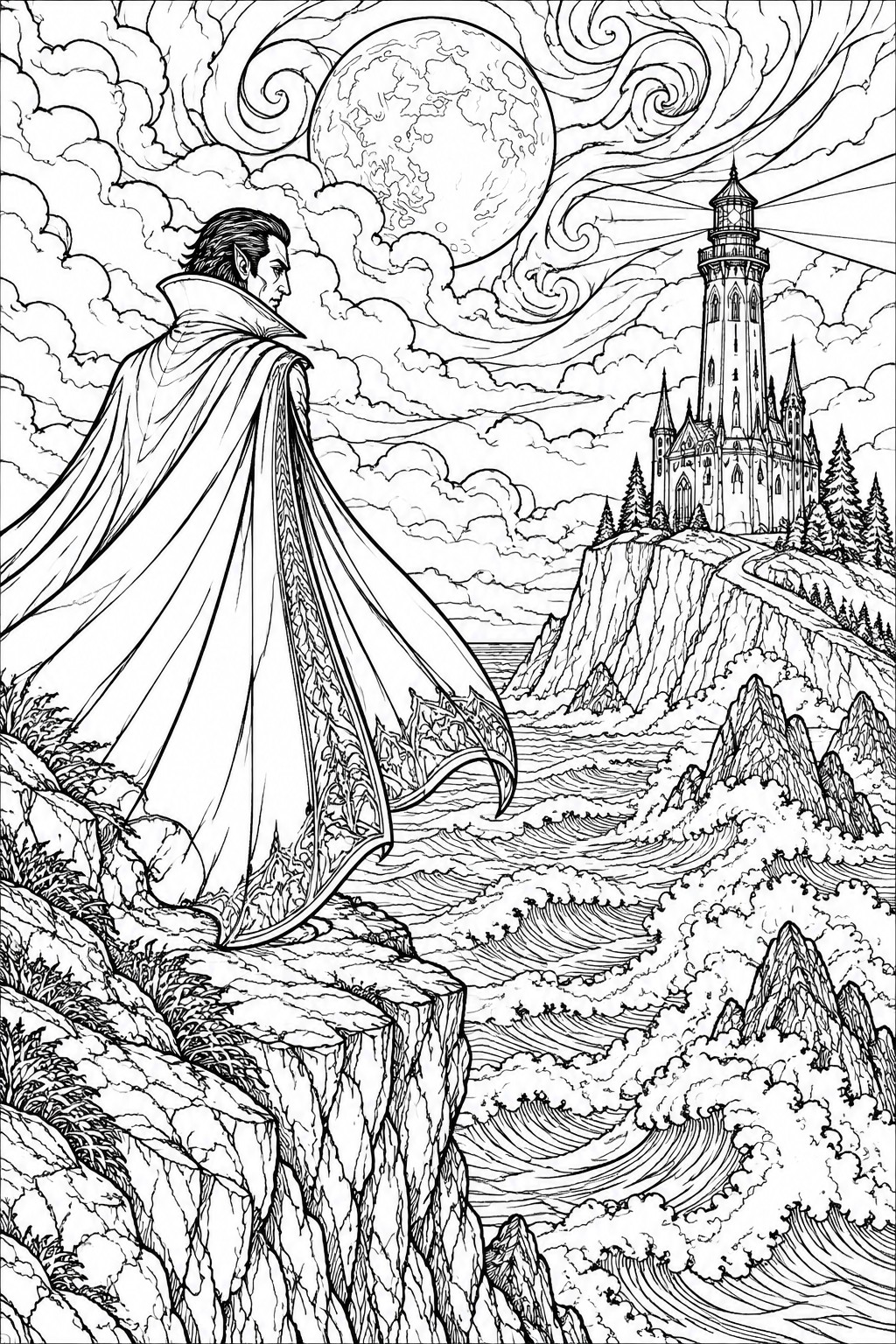 Caped figure on cliff overlooks lighthouse under full moon amid stormy waves and cliffs
