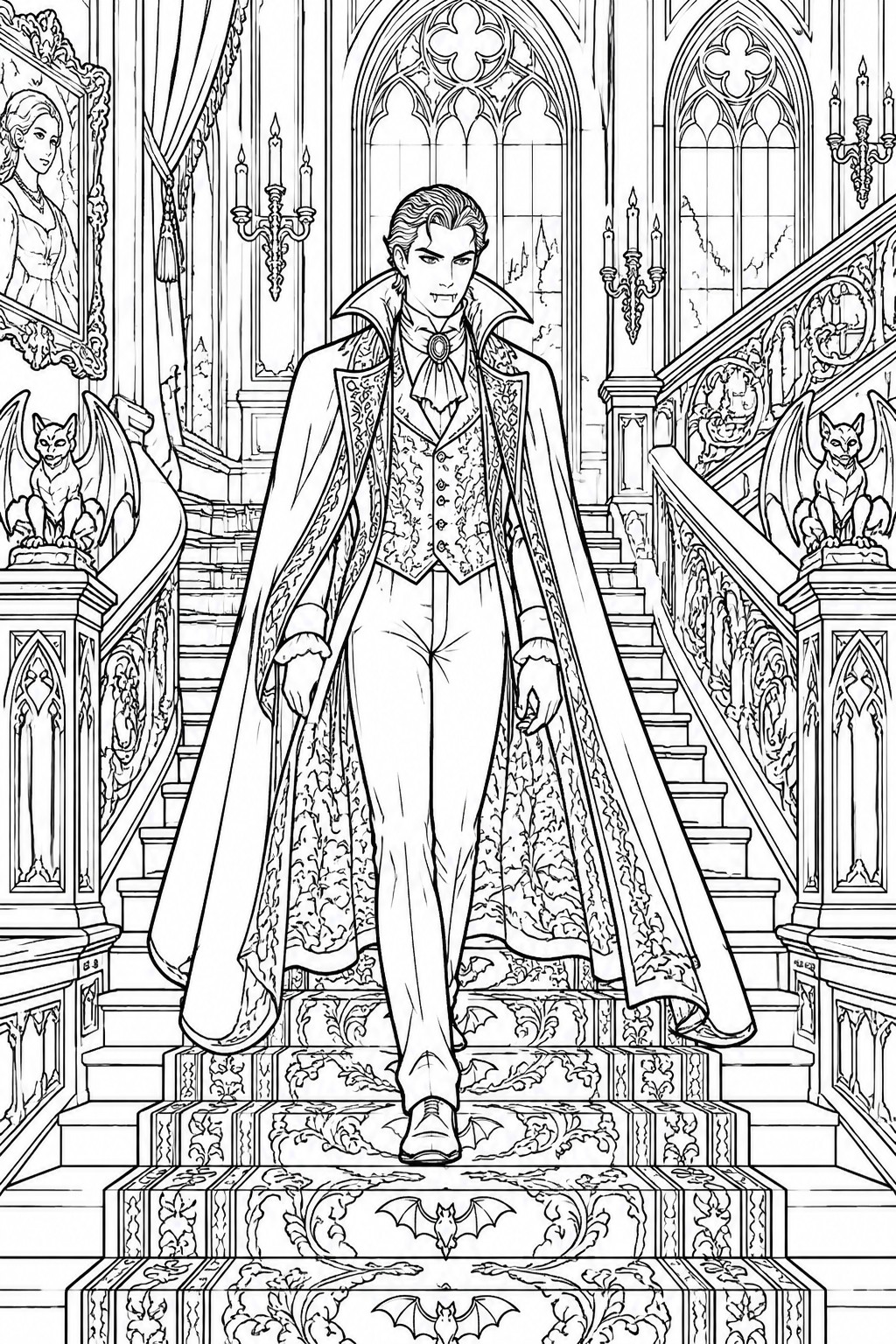 A black and white line drawing of a vampire standing on ornate stairs in a Gothic hall with candelabras and bat decorations.