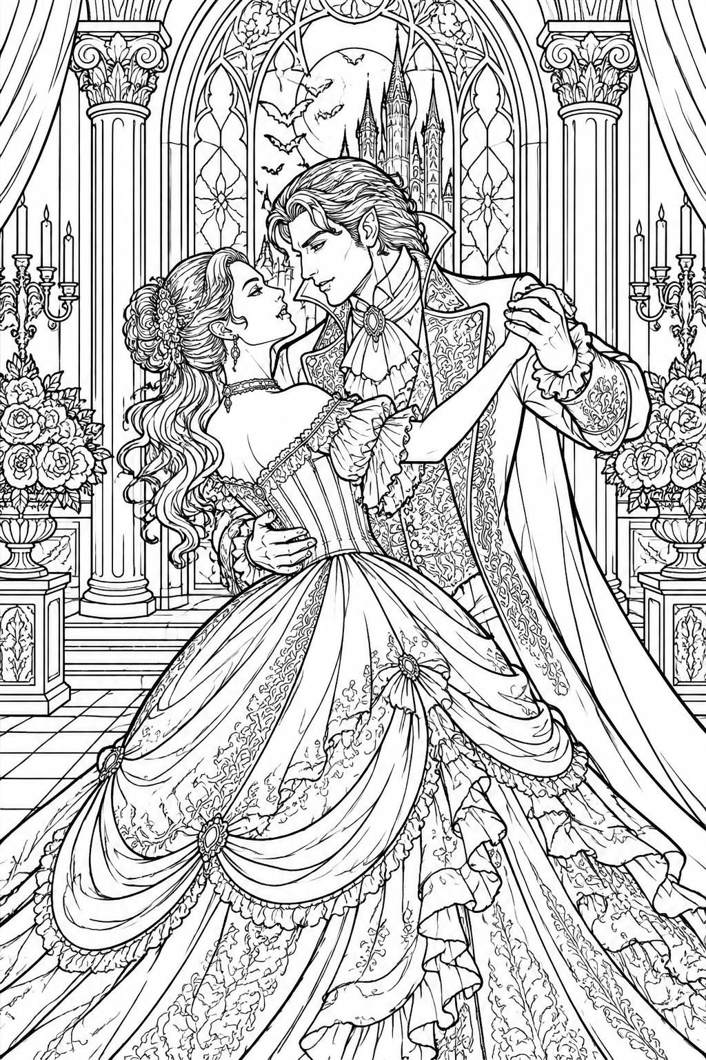 A black and white coloring page shows a vampire couple dancing in a Victorian Gothic hall with columns, candles, roses, bats, and a castle under a full moon.