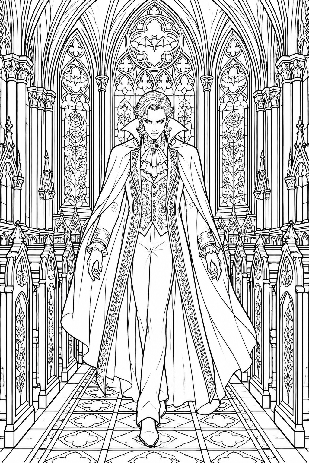 A black and white line drawing of a male vampire with long hair and a flowing cape walking through a Gothic cathedral lined with tall stained glass windows containing bat designs.