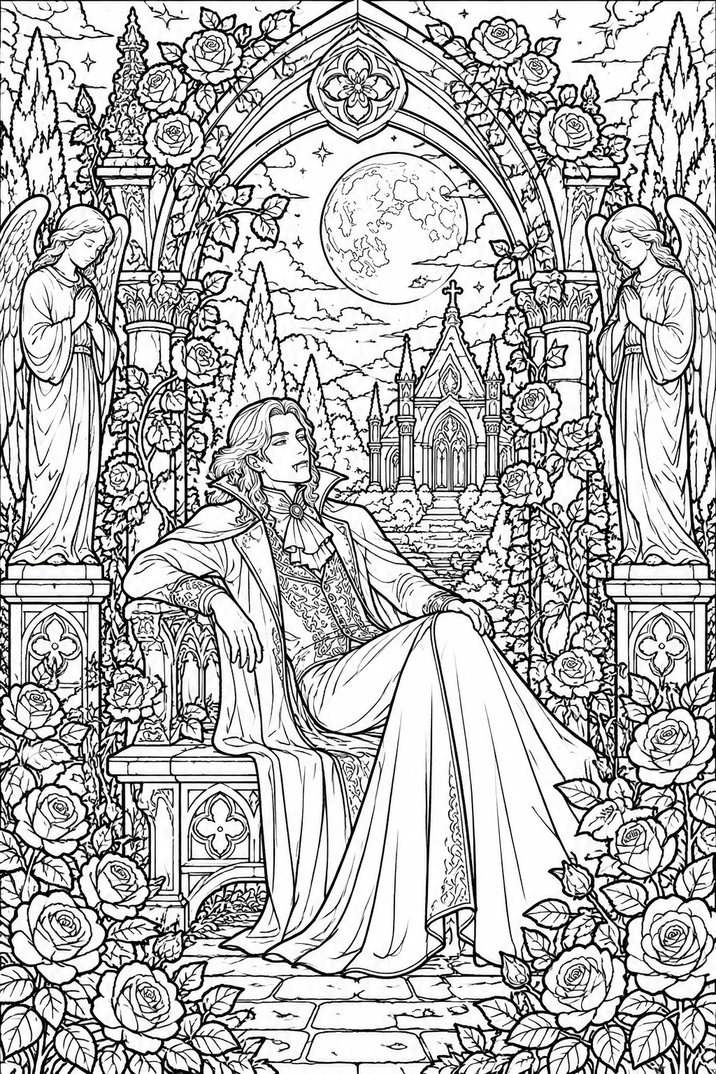 Line art of reclining nobleman flanked by angels in rose-filled gothic garden under full moon