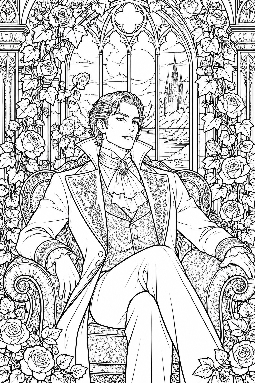 Vampire with fangs in ornate coat seated amid roses before moonlit gothic castle window.