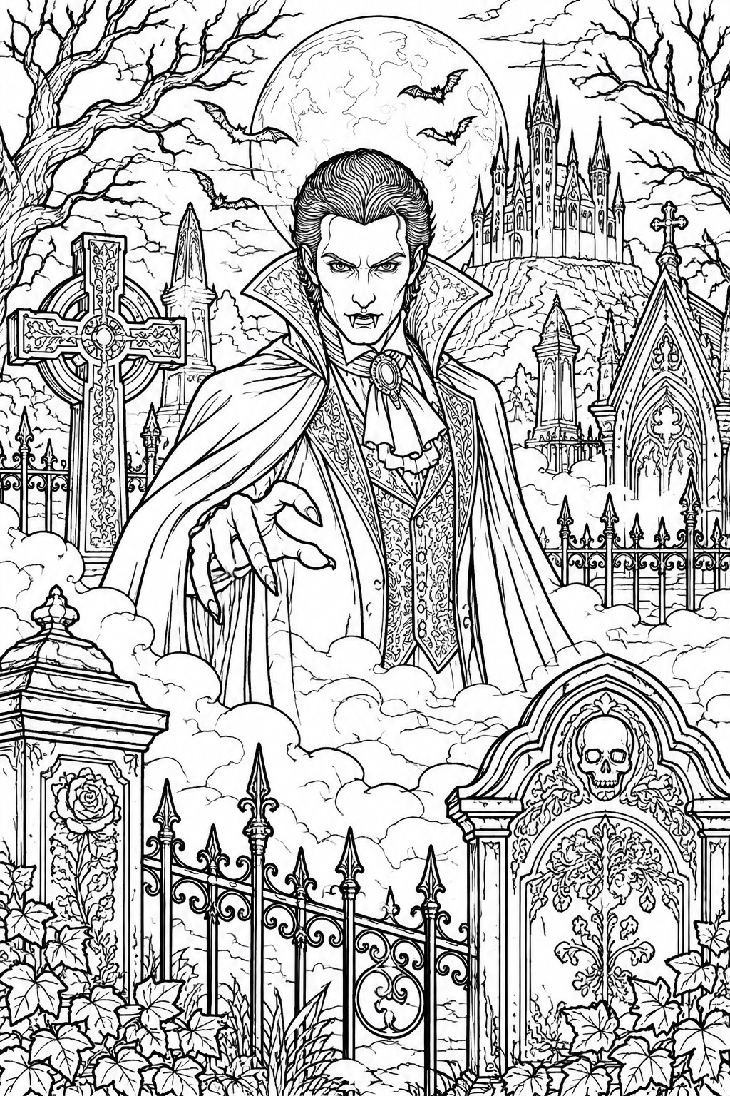Detailed line art of a vampire with cape and fangs in a graveyard filled with ornate tombstones, a castle, full moon, and bats.