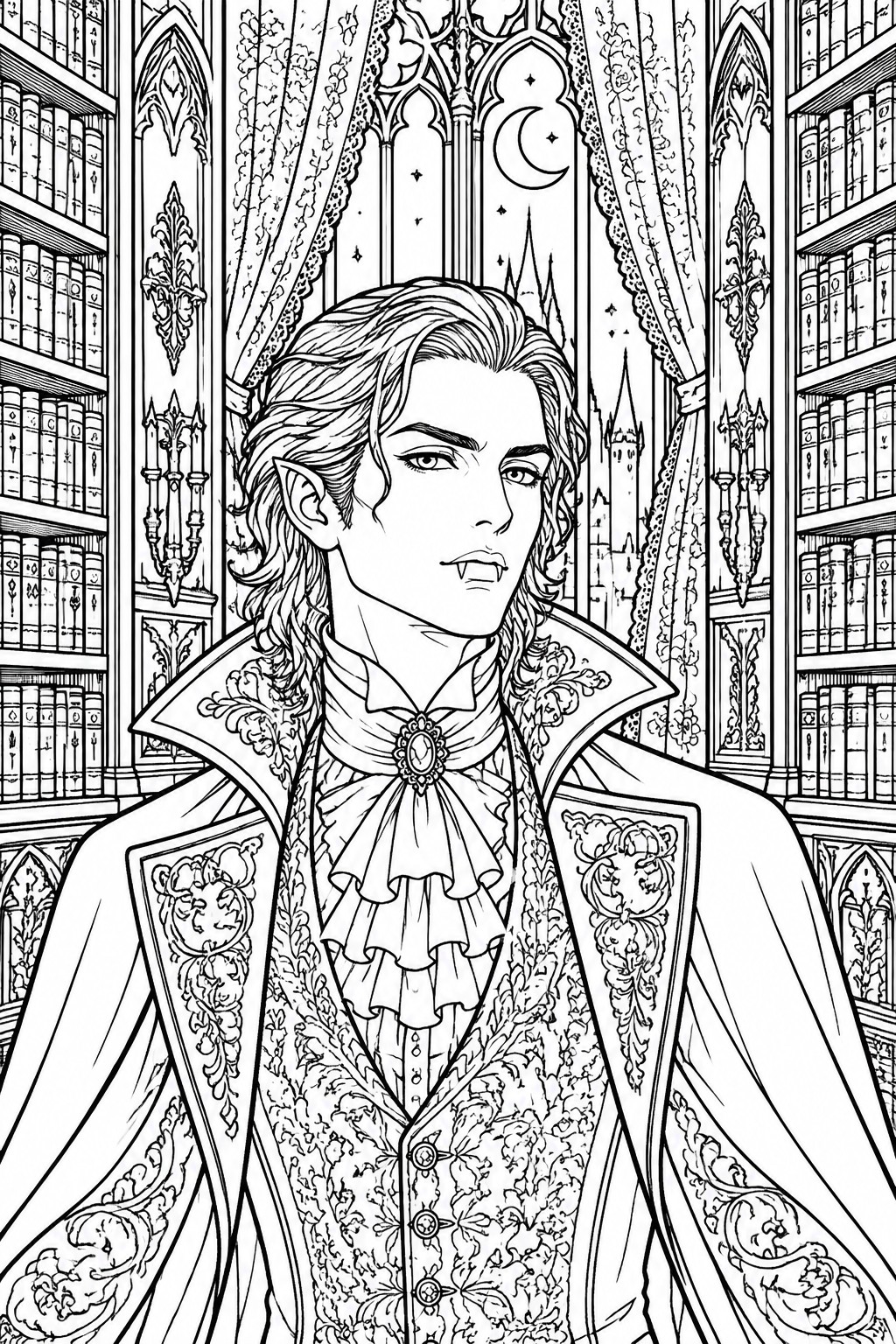 Black and white line drawing of a vampire with long hair and ornate Victorian clothing standing in a gothic library with bookshelves and a crescent moon in the window.