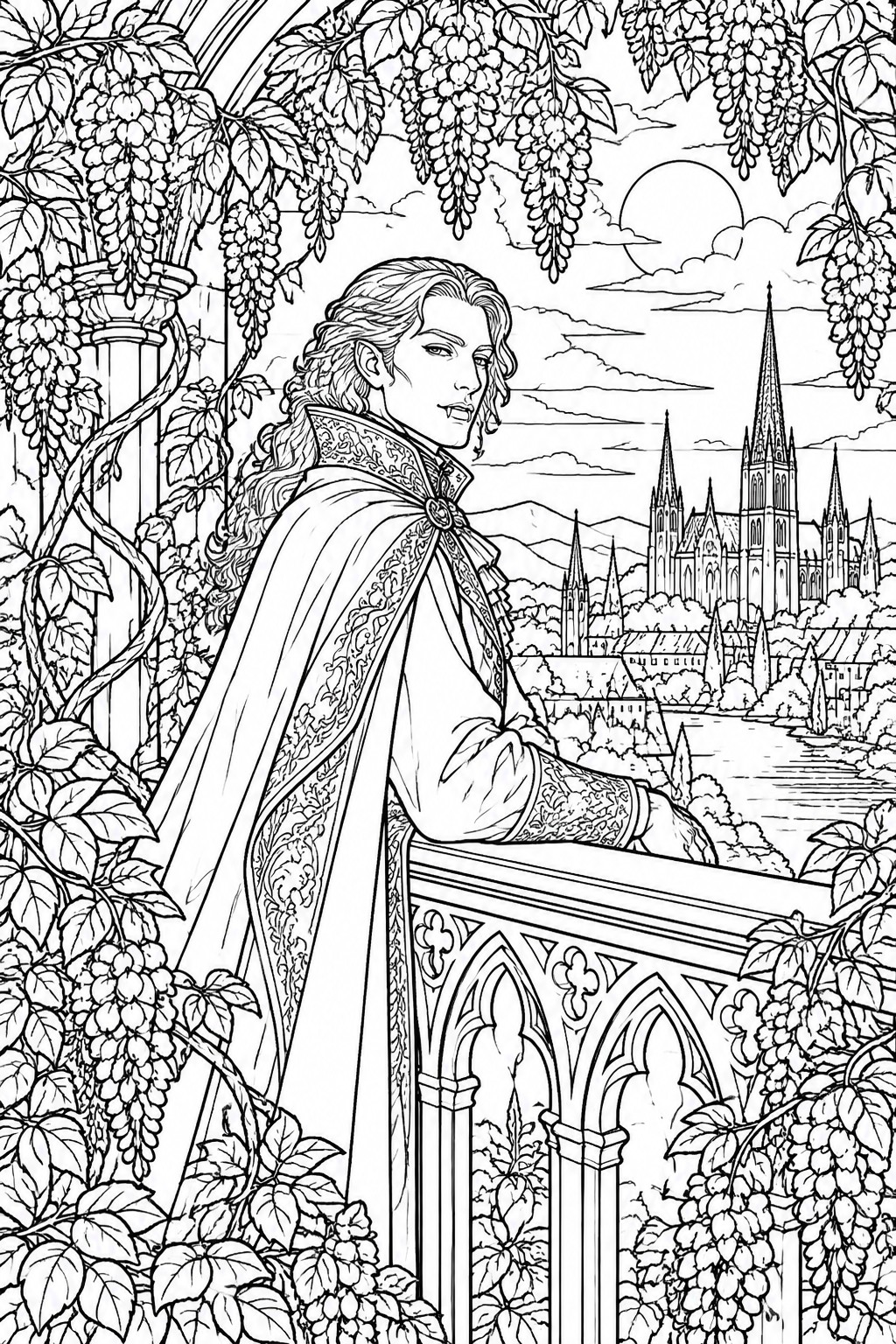 Line drawing of caped nobleman on gothic balcony overlooking moonlit cathedral city with grapevines