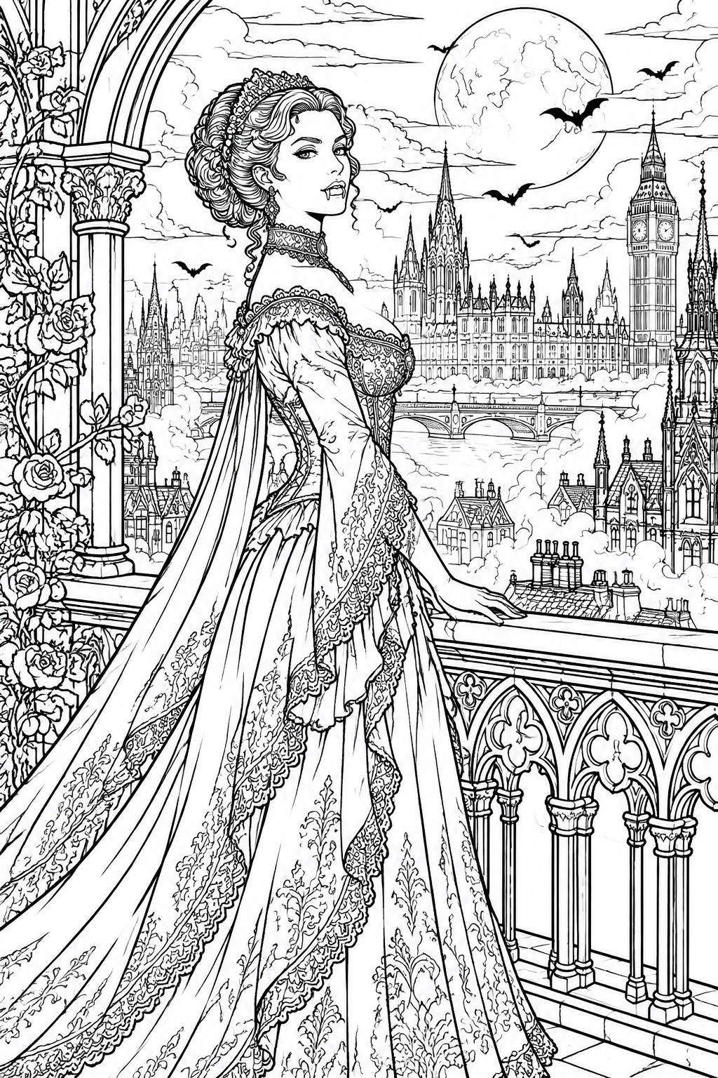 Victorian woman in ornate lace gown on balcony overlooking moonlit London with bats