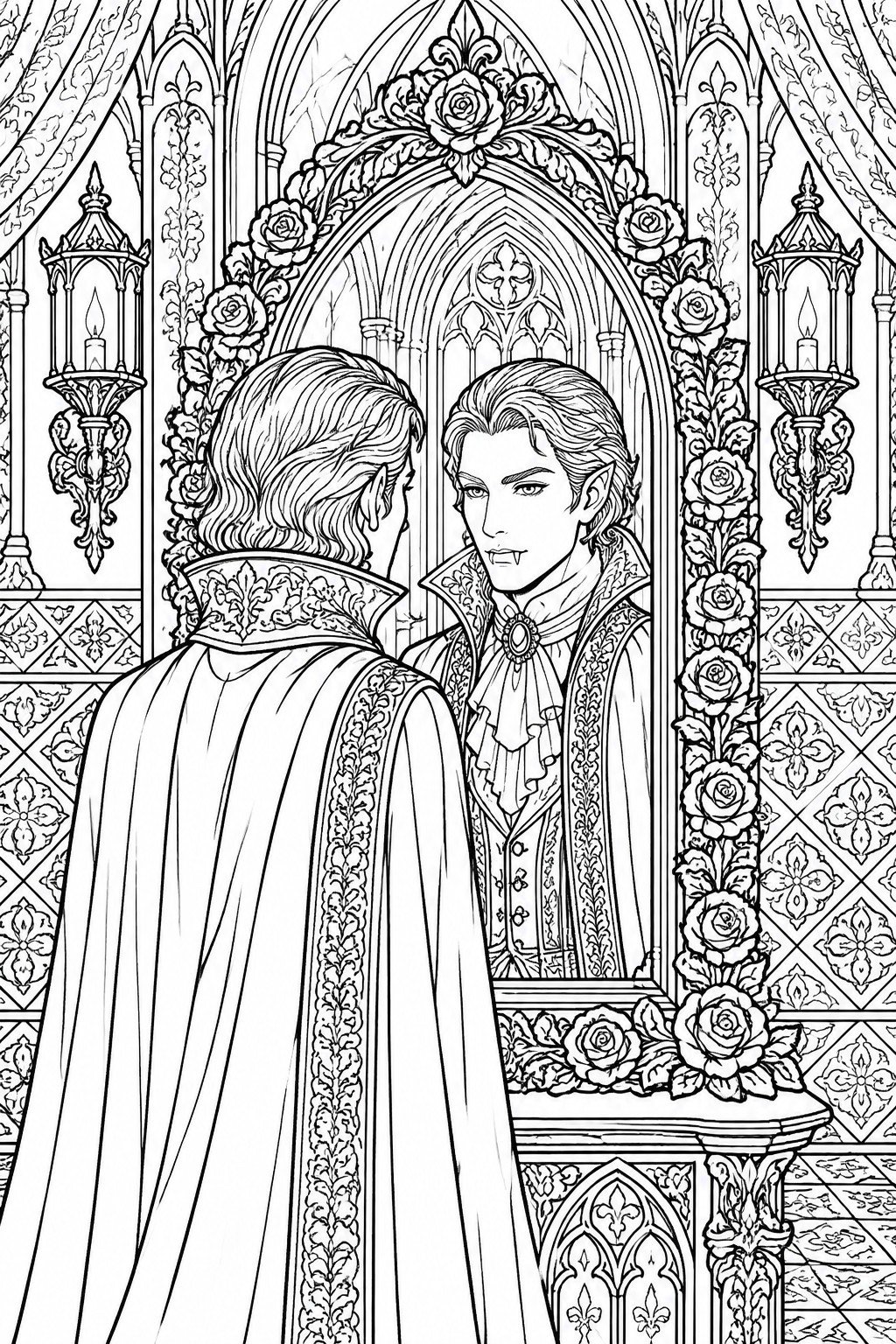 A black and white line drawing of two vampires facing each other under an ornate gothic arch filled with roses and lanterns.