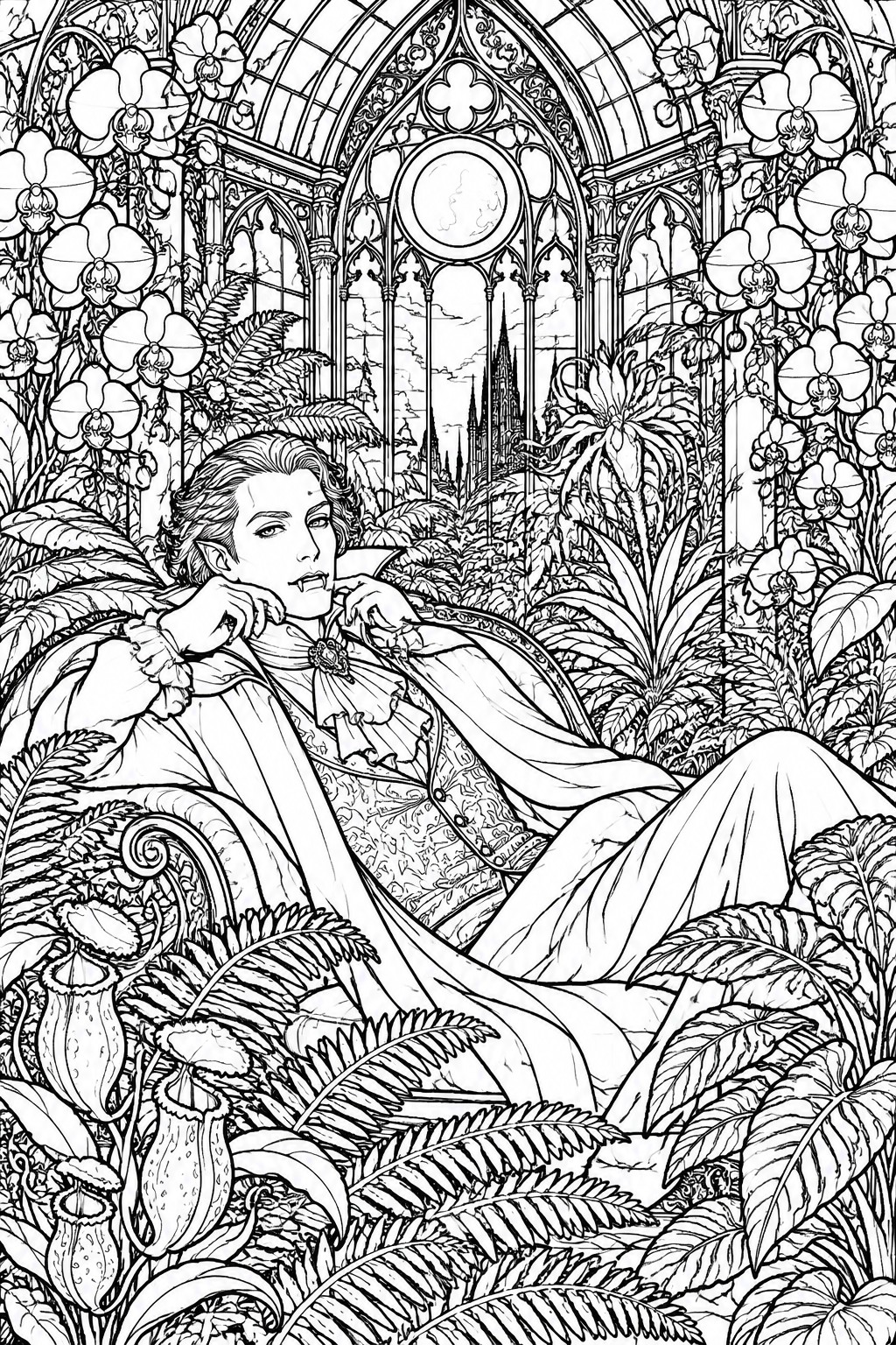 Black and white line art of a fanged vampire in Victorian clothing reclining among orchids and ferns inside a gothic conservatory with arched windows.