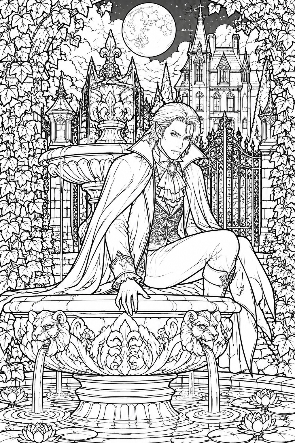 Elven man in cape lounges on lion fountain before moonlit gothic castle at night