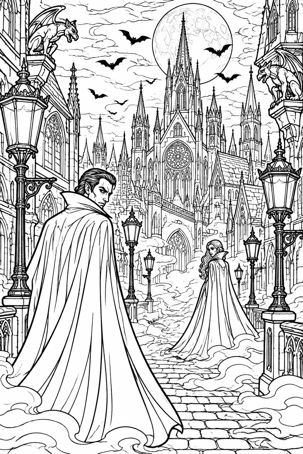 A black and white line drawing shows two cloaked vampires on a cobblestone street in front of a large gothic cathedral, with bats, a full moon, gargoyles, and street lamps.