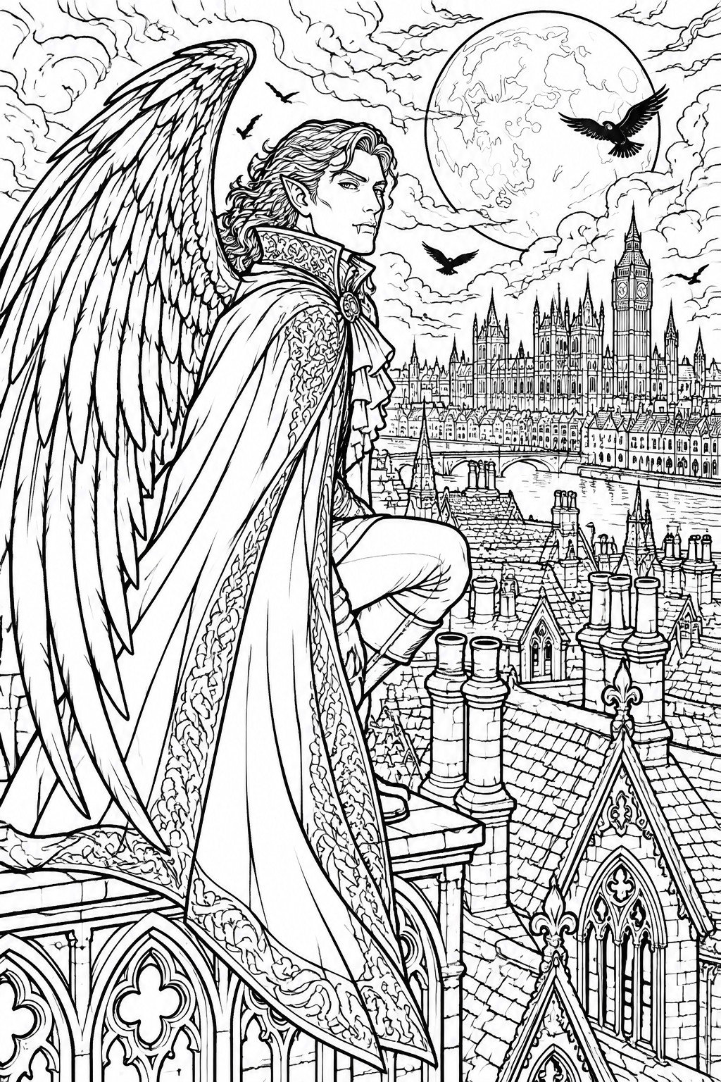 Winged vampire figure in ornate cape overlooks London skyline under full moon at night