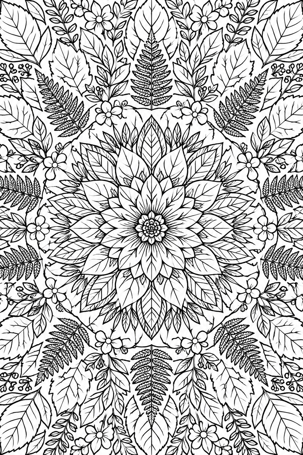 A black and white line drawing of a circular mandala made from leaves flowers and ferns in symmetrical layers.