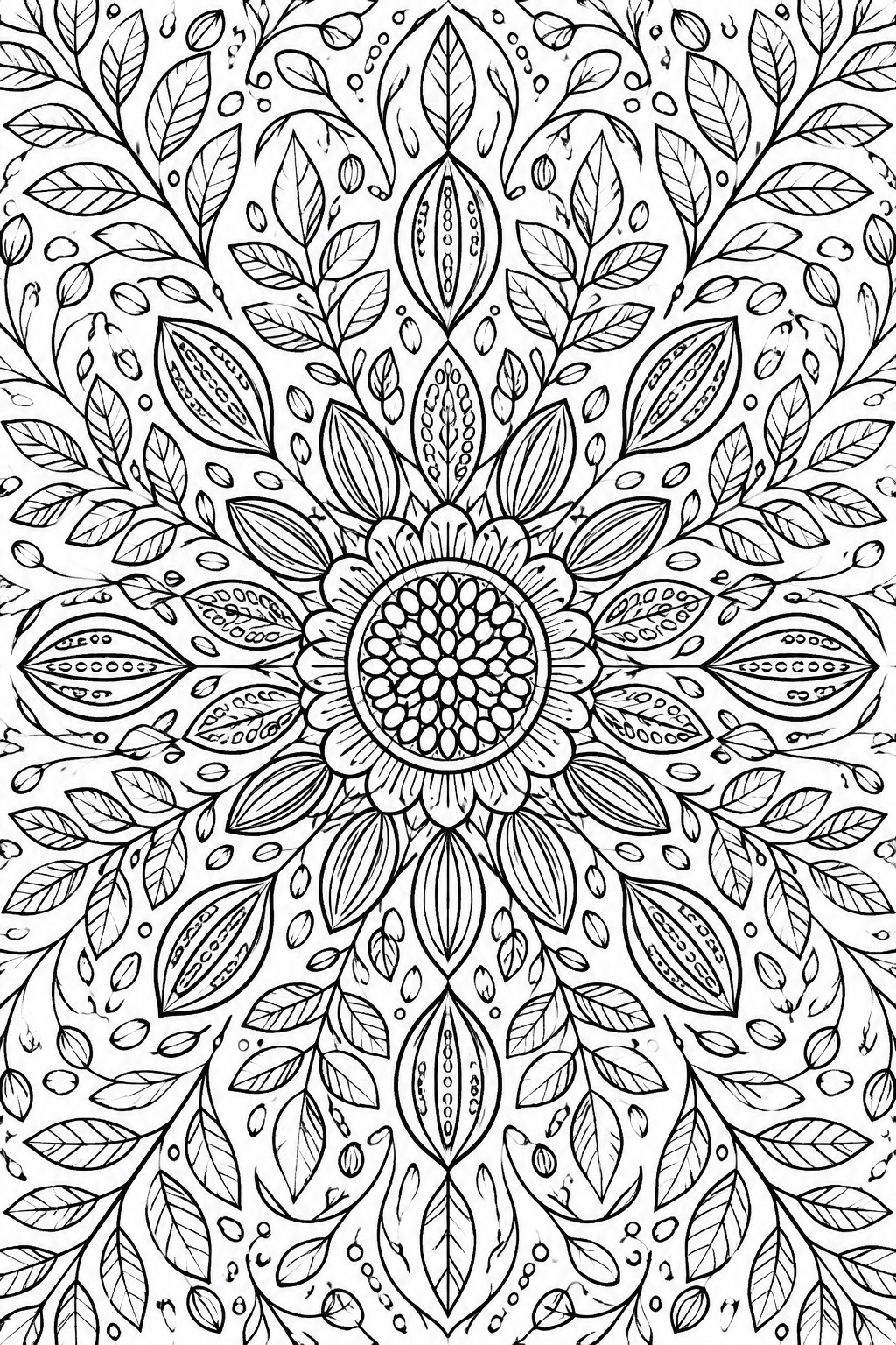 Detailed mandala with symmetrical leaves, flowers, and intricate black line patterns.