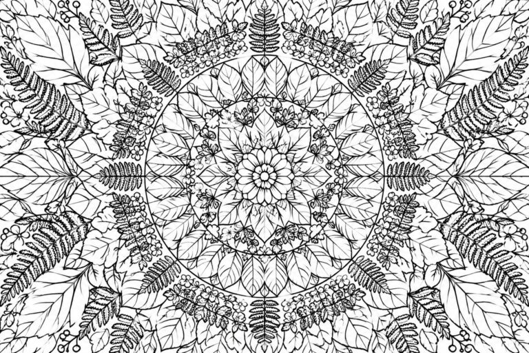 A black and white line drawing of a circular mandala made from leaves flowers and ferns in symmetrical layers.