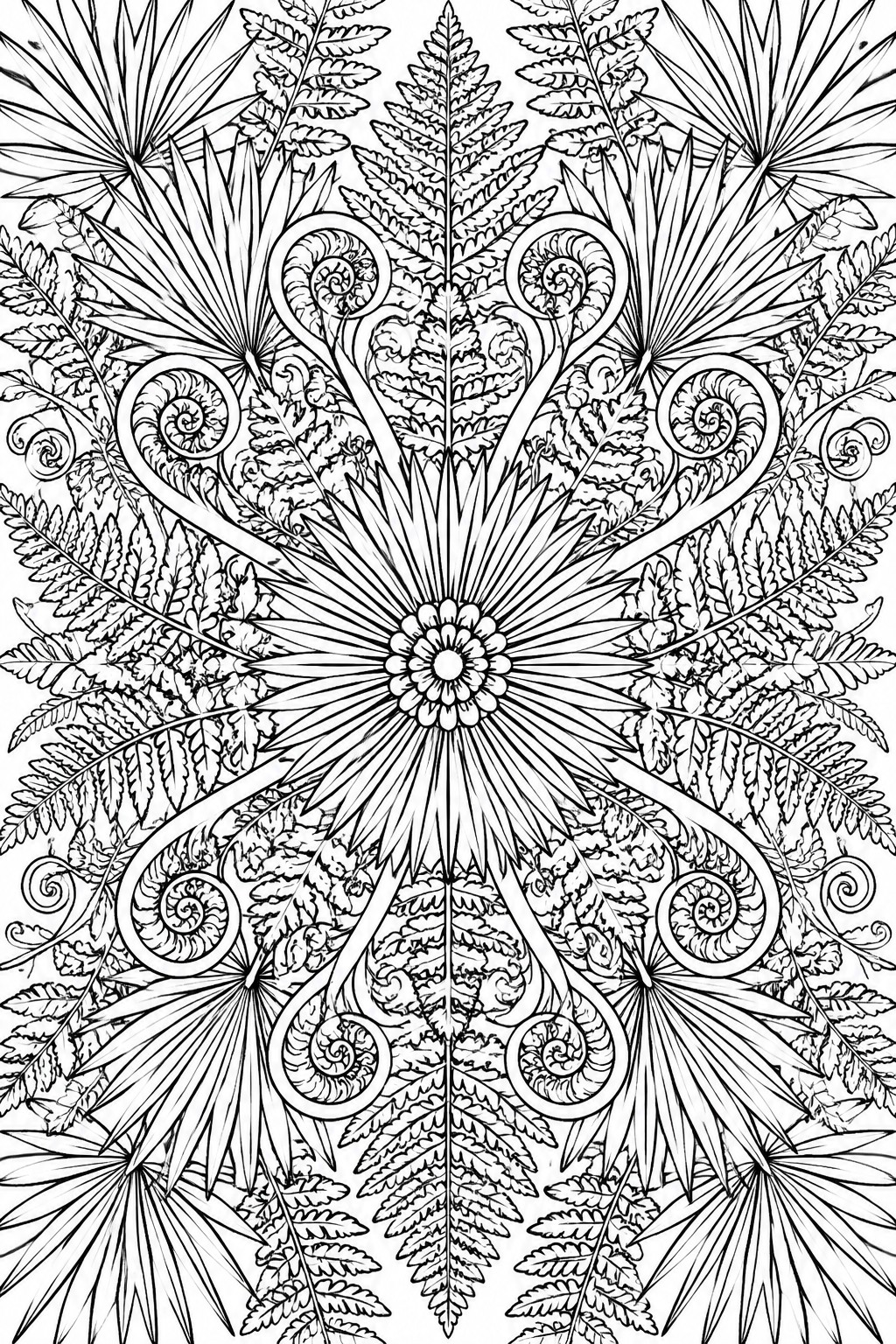 A black and white mandala coloring page with ferns, palm leaves, and spiral patterns arranged symmetrically around a central flower.