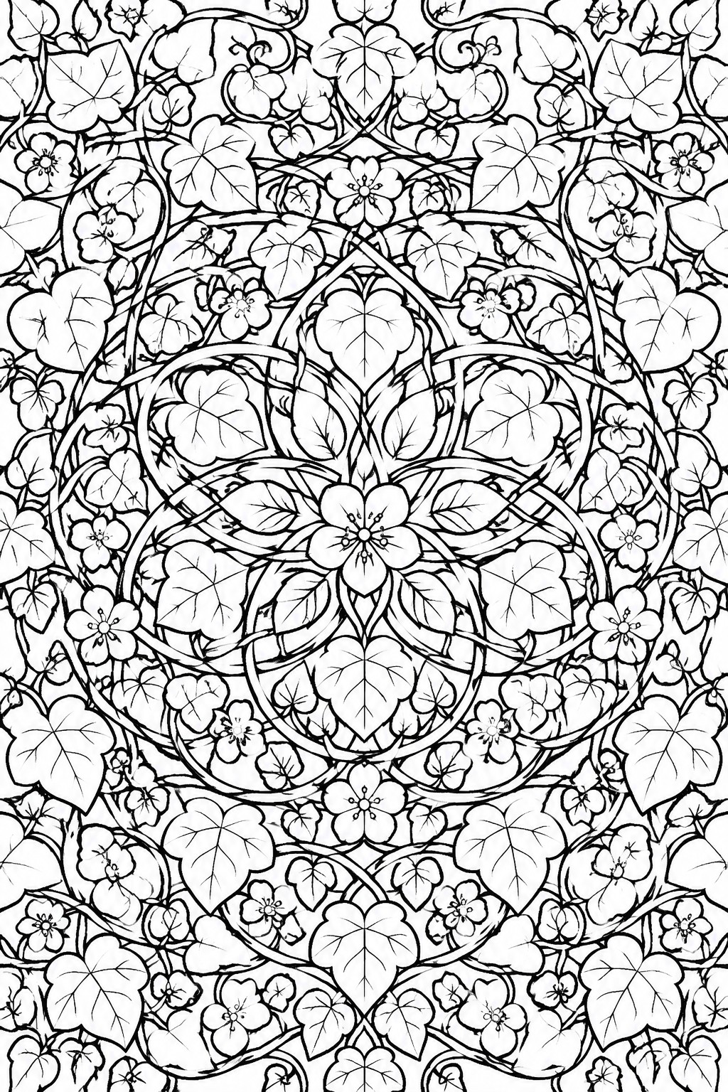 Intricate black and white mandala of intertwined leaves, flowers, and vines in circular design