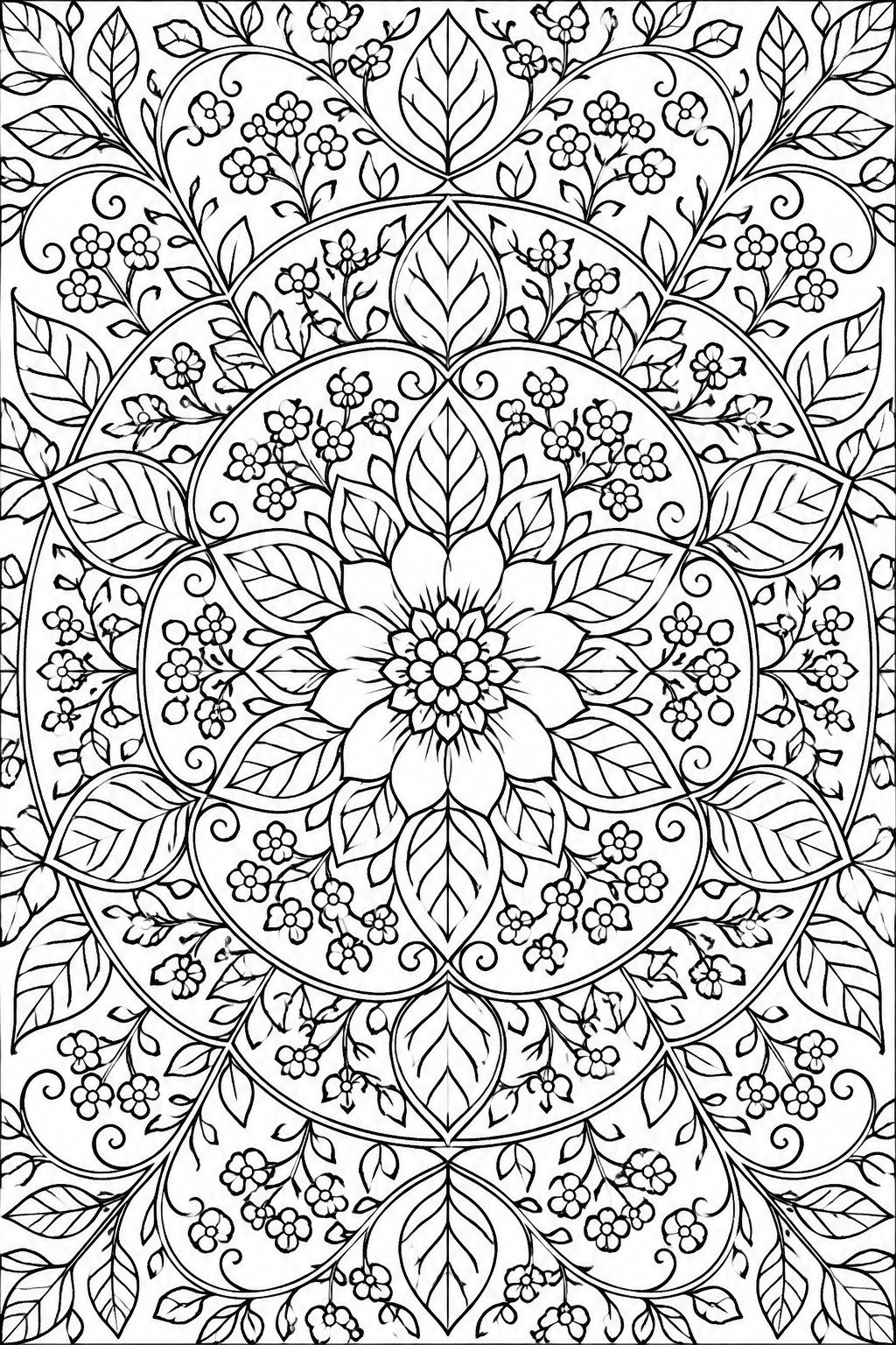 Intricate black-and-white mandala with concentric floral patterns, leaves, and vines.