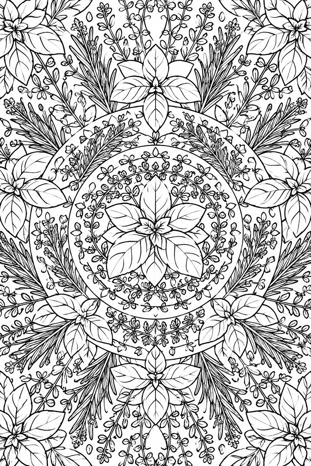 A black and white line drawing of a circular mandala filled with leaves, flowers, and botanical patterns in multiple concentric layers.