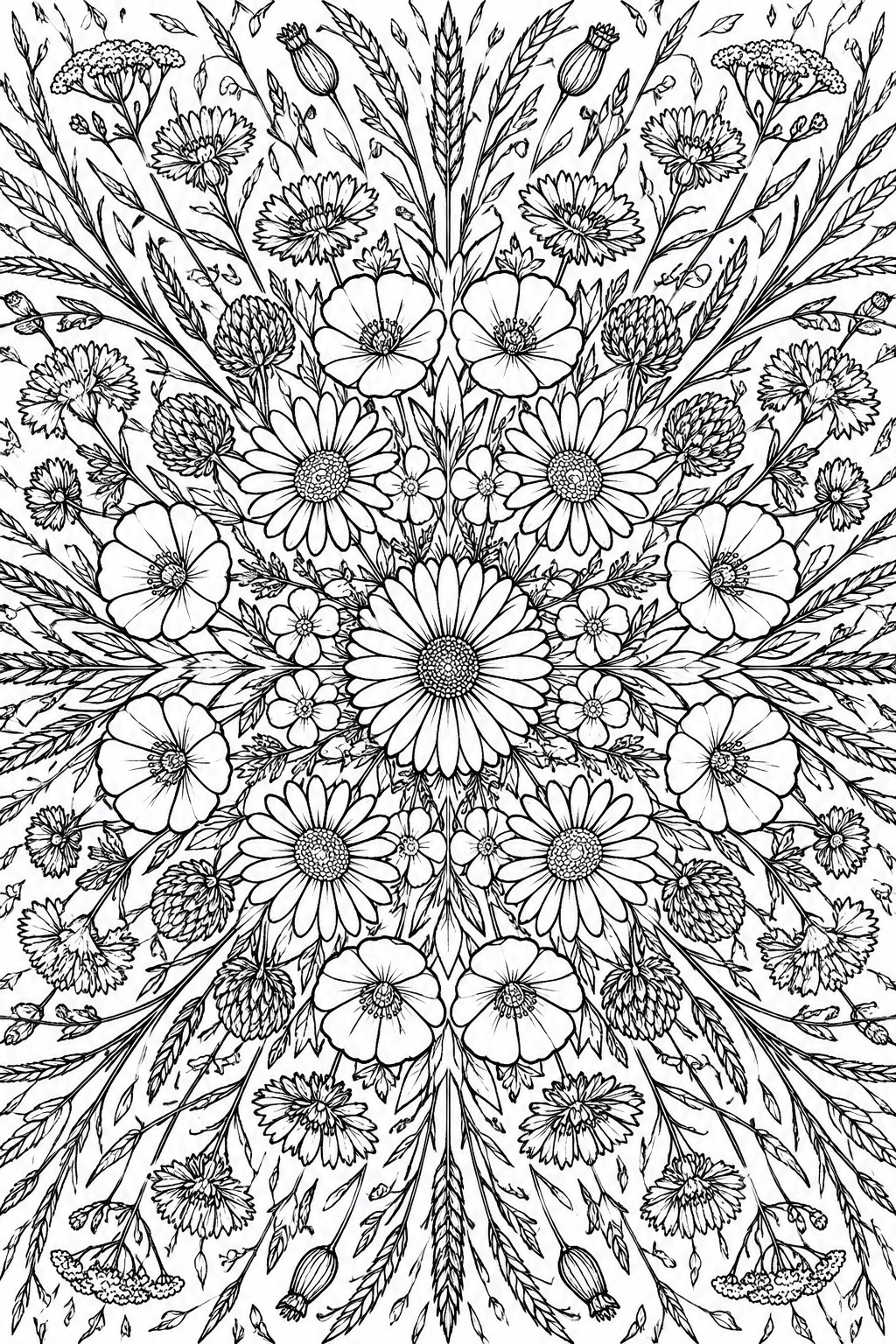 A black and white mandala coloring page filled with symmetrical flowers including daisies and poppies plus leaves radiating from the center.