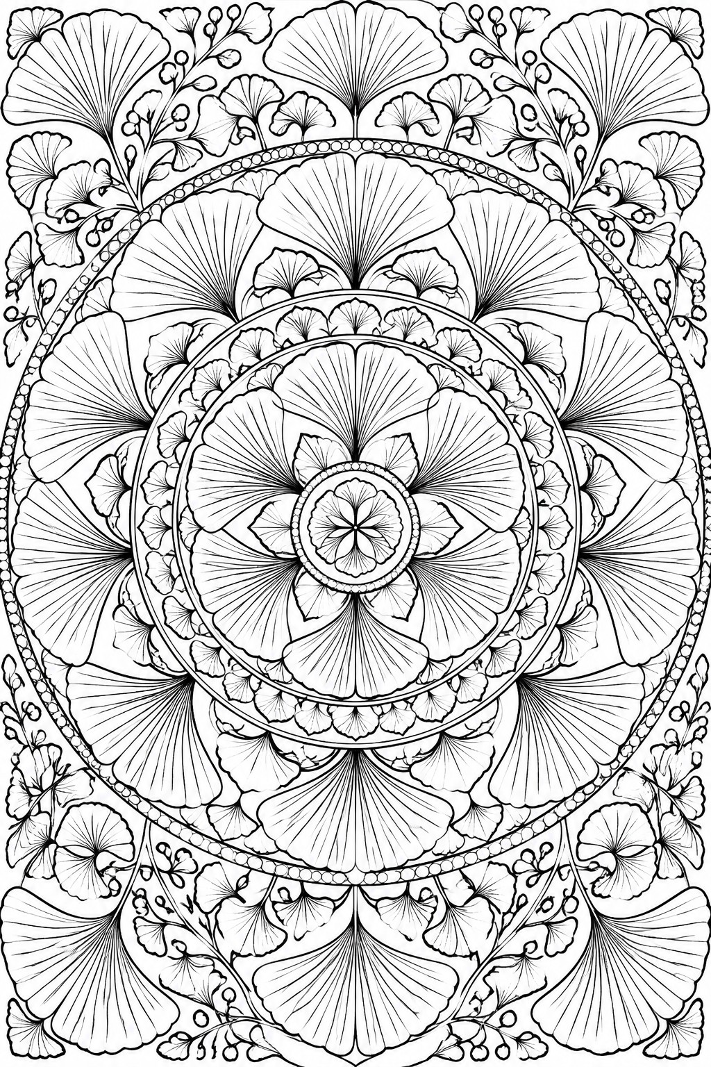 A black and white mandala coloring page made of layered ginkgo leaves in concentric circles around a central flower.