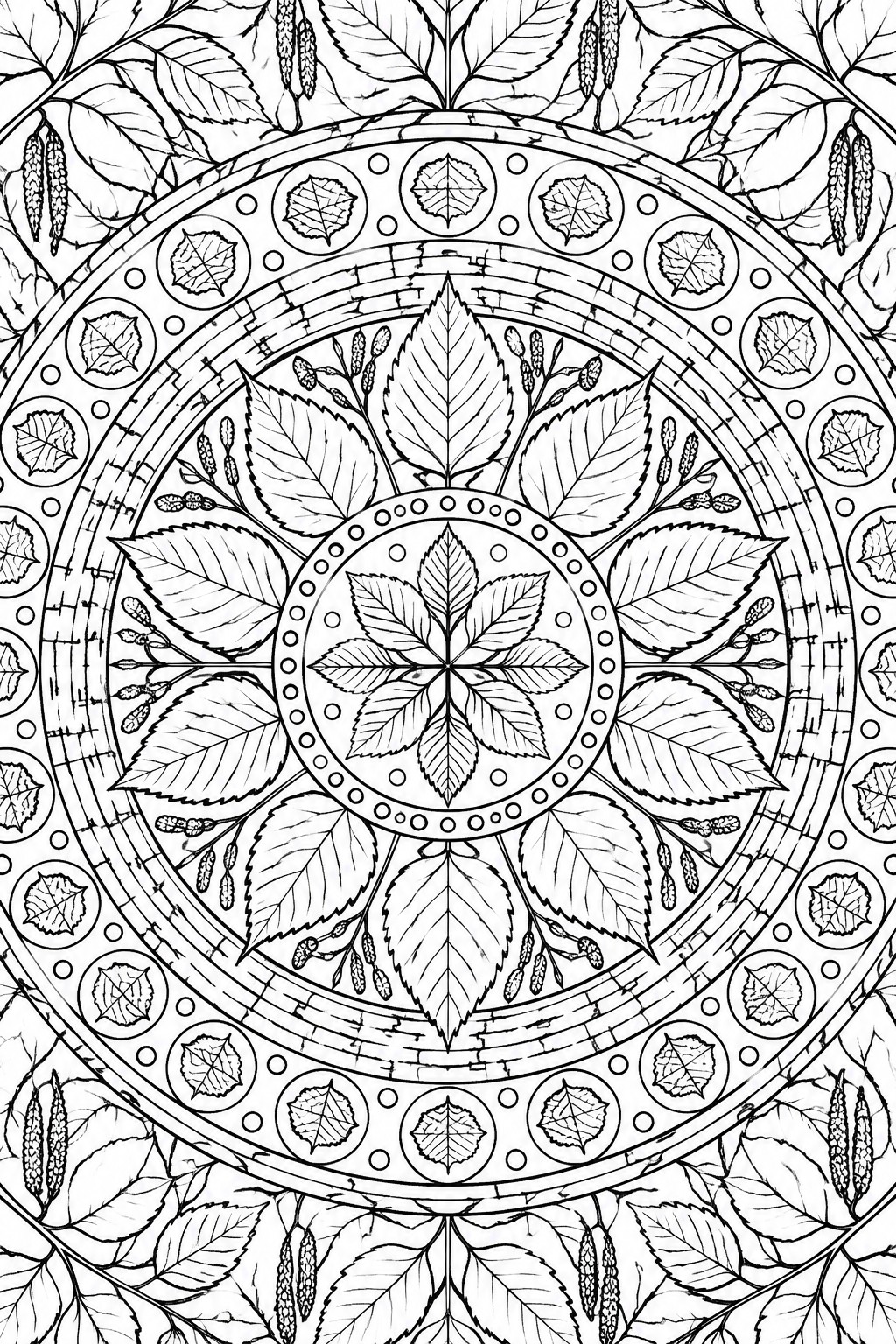 A black and white mandala coloring page featuring a central floral pattern of leaves surrounded by concentric circles of botanical elements including various leaves and buds.
