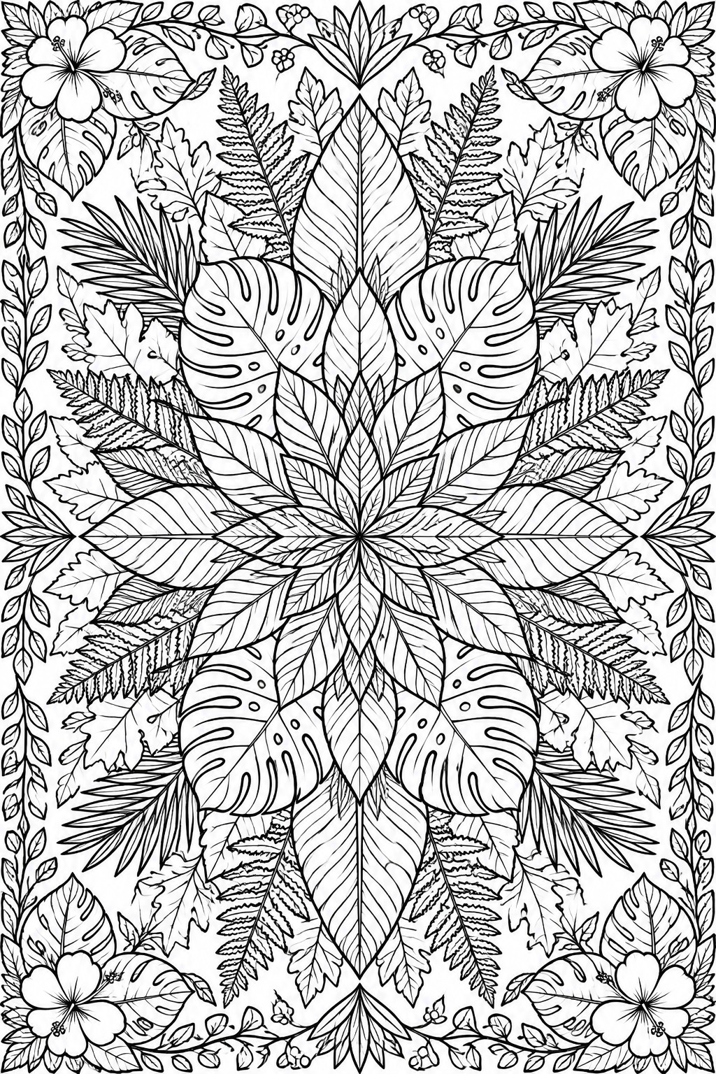 A black and white mandala coloring page filled with tropical leaves, ferns, and hibiscus flowers arranged in a symmetrical radial design with a decorative border.