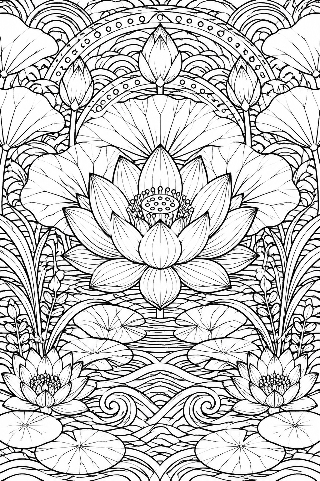 Intricate black-and-white line art of blooming lotus flowers and lily pads.