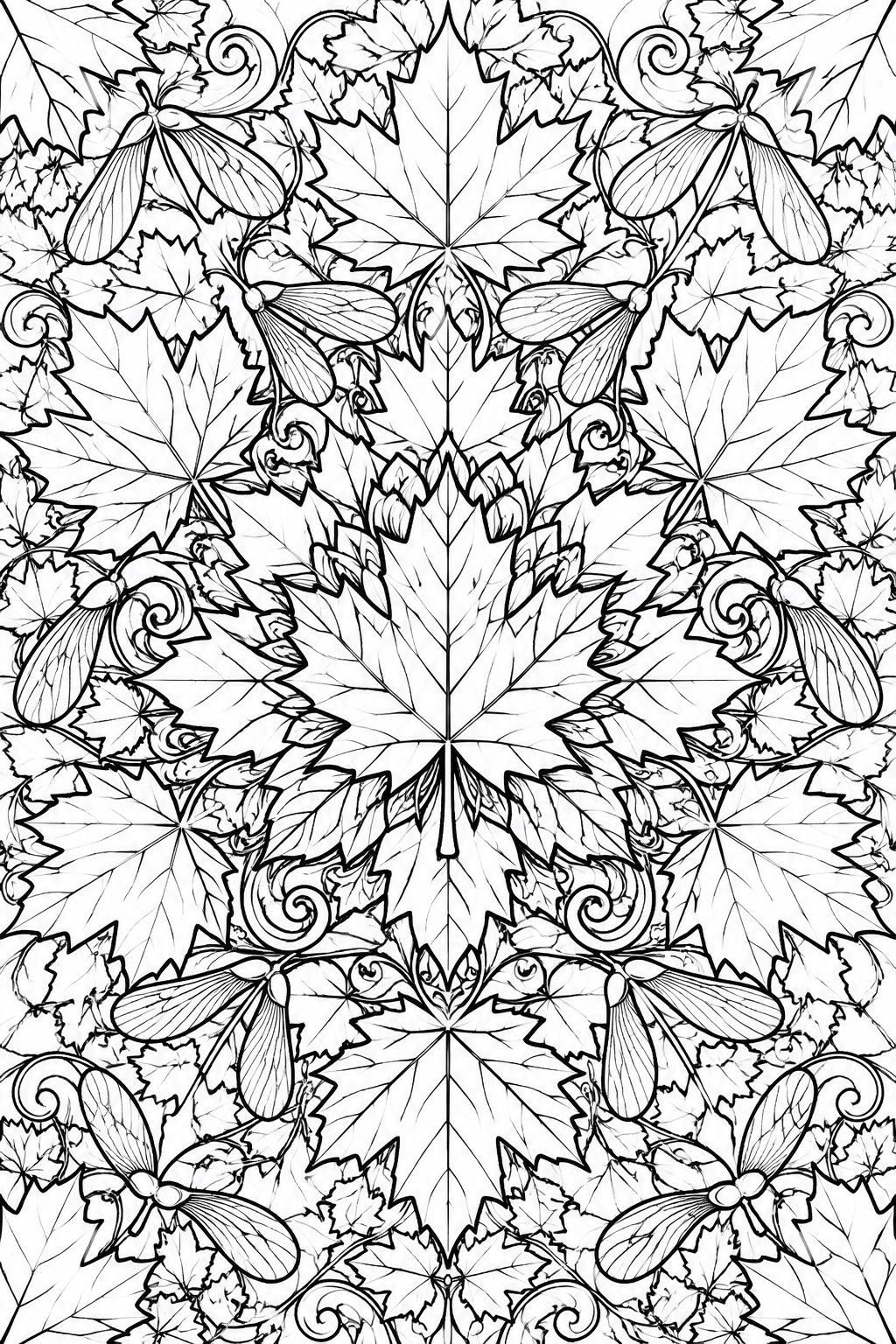 Symmetrical black and white line art of maple leaves, seeds, and swirling vines