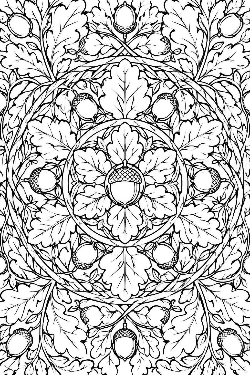 Black and white mandala coloring page with oak leaves and acorns arranged in multiple concentric circles around a central acorn.